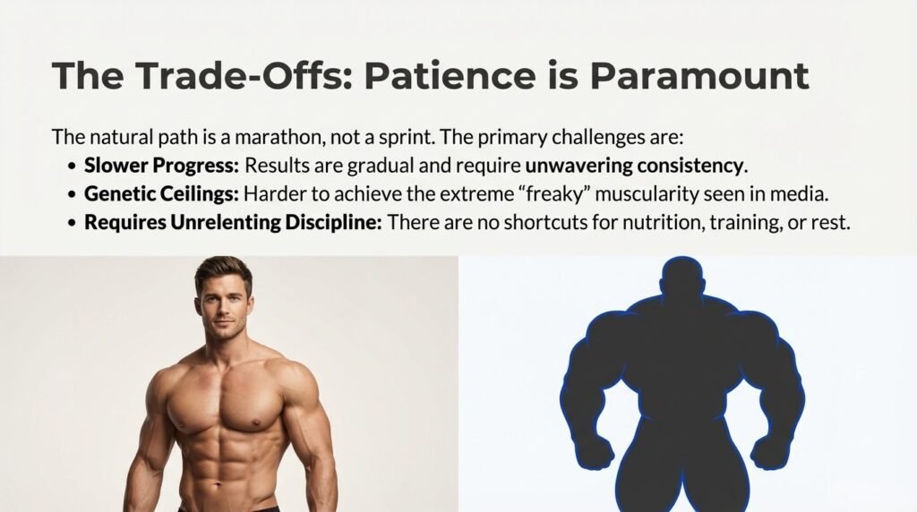 Natural bodybuilding trade offs showing slower muscle growth, patience, and long term discipline