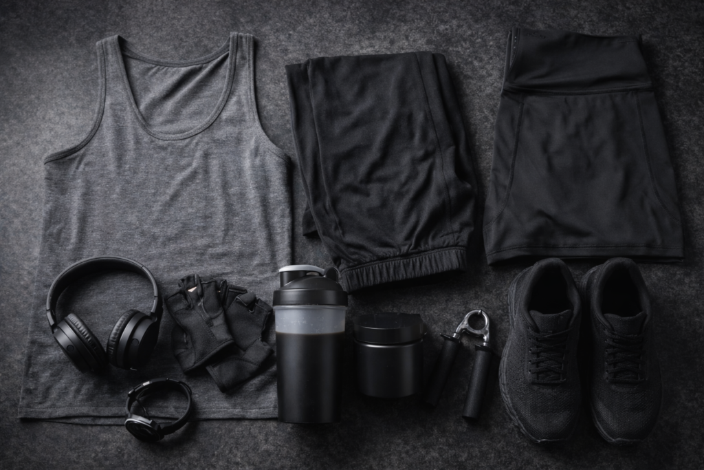 Gym activewear, shaker, headphones, shooes and supplements.