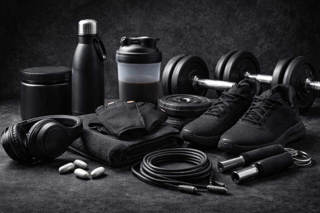 unbranding gym accessories, protein, shaker, shooes, suppliment and creatine.