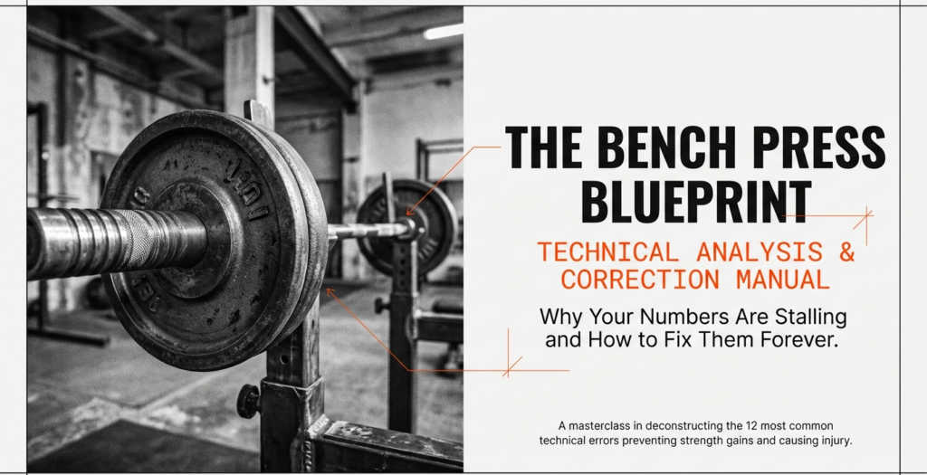 Black and white gym image of a loaded barbell with text introducing a technical bench press correction guide.