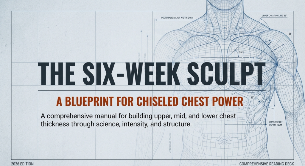 Six-week chest training blueprint cover showing anatomical chest layout and structured plan for upper, mid, and lower chest development.