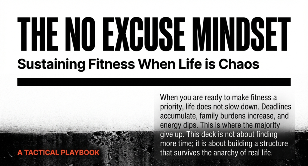 Minimalist fitness mindset banner explaining the No Excuse approach to staying consistent with training during busy, stressful, and unpredictable life conditions.