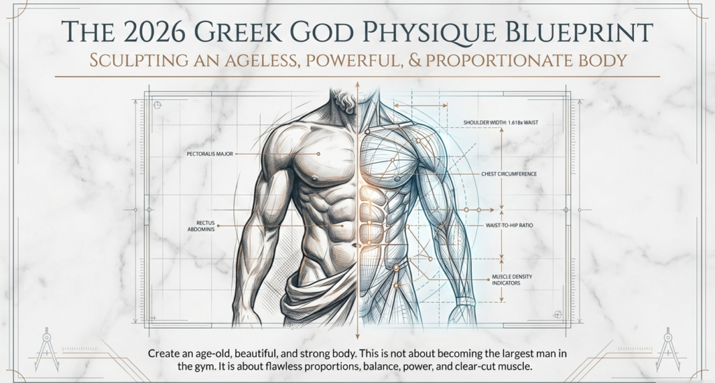 Illustrated blueprint of the 2026 Greek God Physique showing ideal muscle proportions, shoulder-to-waist ratio, chest dominance, abs structure, and aesthetic body measurements.