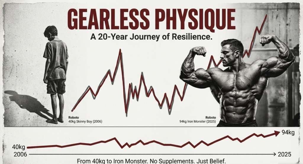 Visual timeline showing the Gearless Physique transformation from a 40 kg skinny boy in 2006 to a 94 kg muscular physique in 2025, symbolizing resilience, discipline, and long-term consistency.
