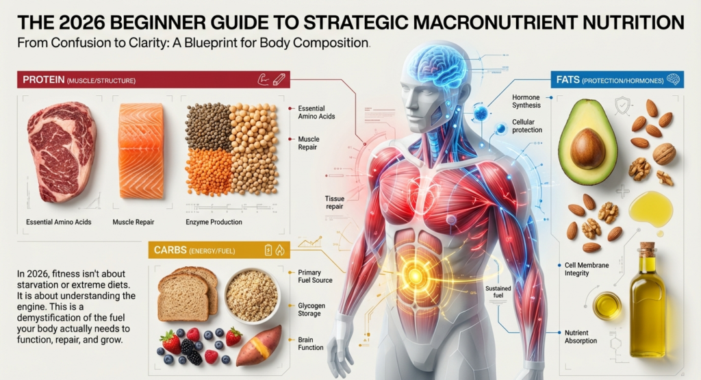 Beginner guide to macronutrients showing protein, carbohydrates, and fats with their roles in body composition