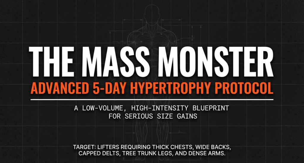 The Mass Monster advanced 5-day hypertrophy workout protocol banner showing a muscle growth blueprint for serious size gains