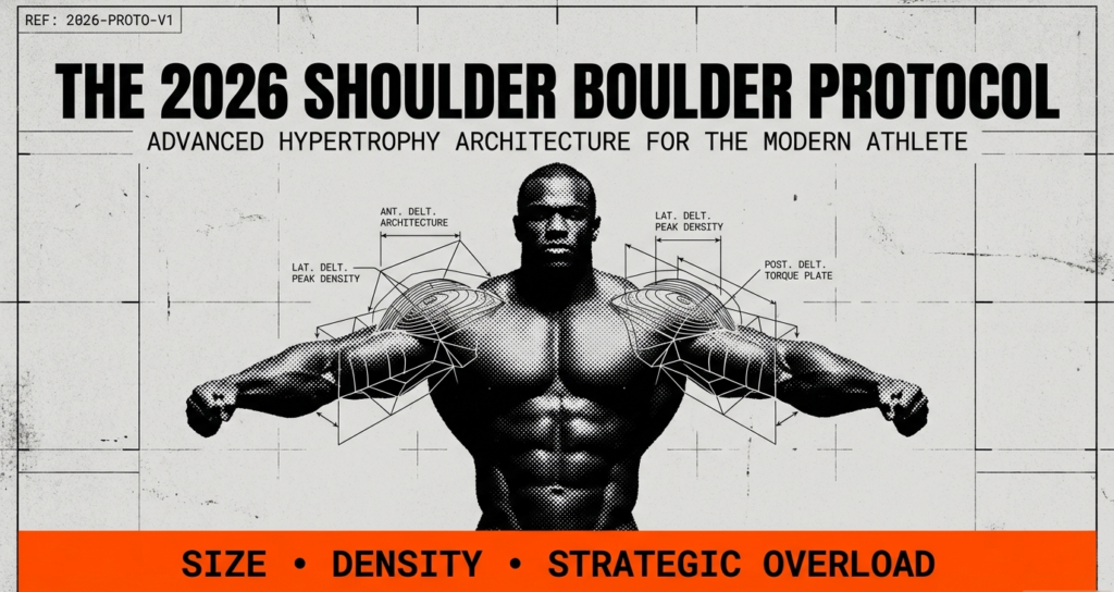 Advanced shoulder hypertrophy infographic showing the 2026 Shoulder Boulder Protocol with deltoid architecture, strategic overload, and capped shoulder development