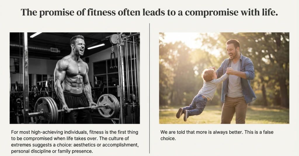 Split image showing a coach training moment contrasted with father joyful family time outdoors, illustrating the perceived conflict between physical discipline and personal life.