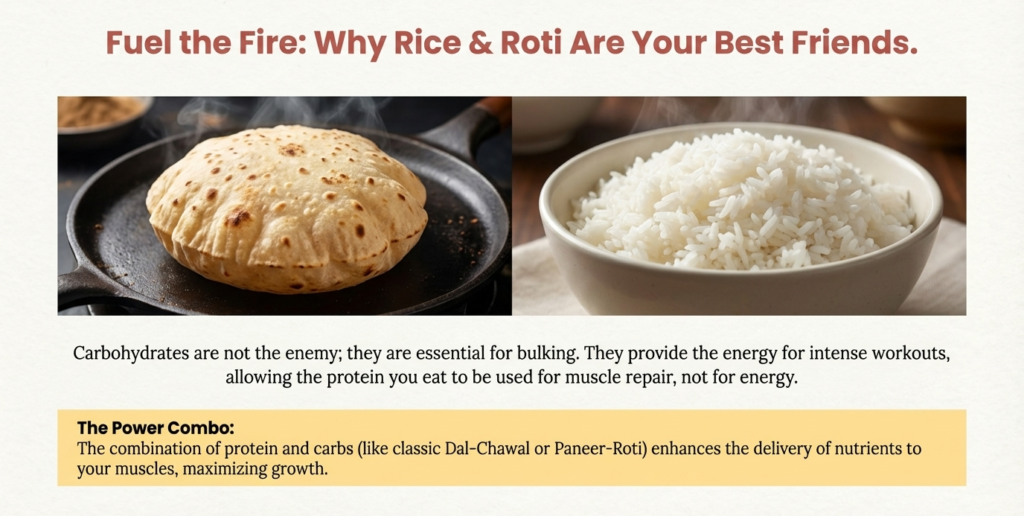 Indian roti on tawa and bowl of rice as carbohydrate sources for muscle growth