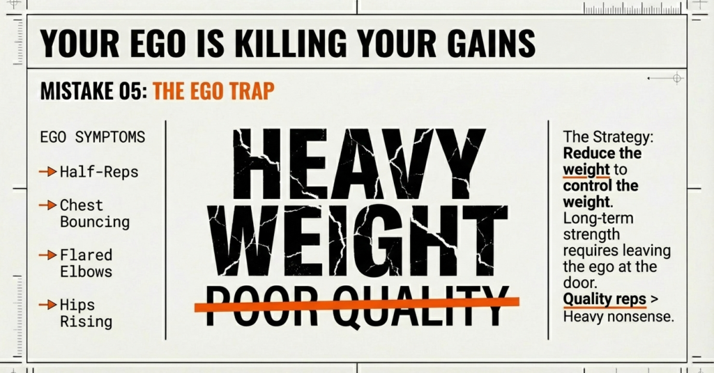 Bench press infographic showing ego lifting symptoms like half reps, chest bouncing, flared elbows, and poor technique under heavy weight.