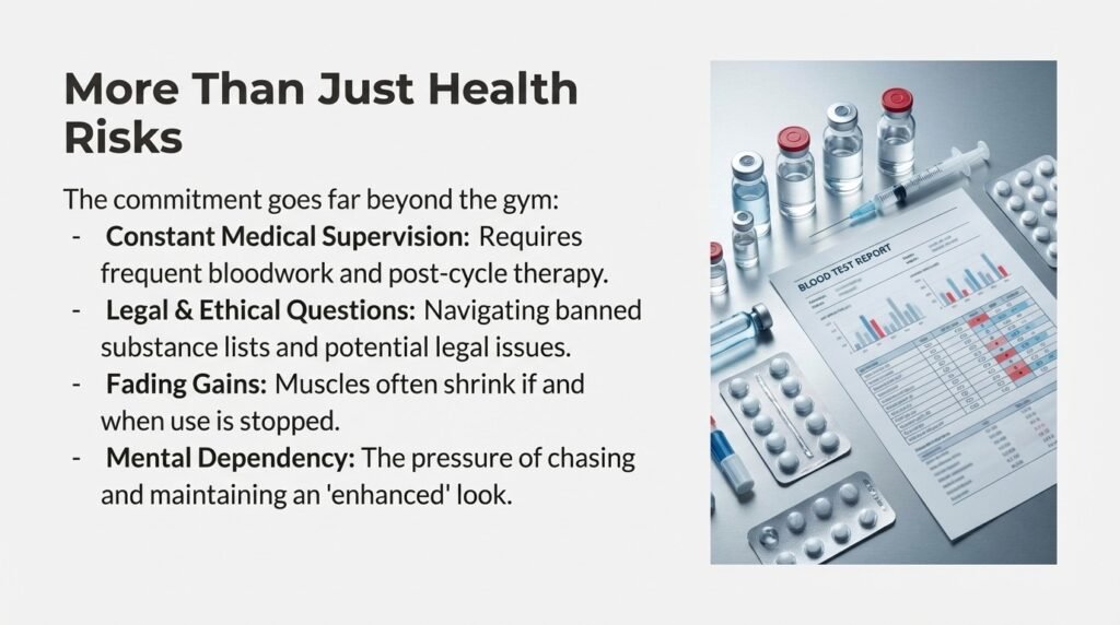 Infographic explaining the long-term considerations of enhanced bodybuilding, including medical supervision, regular bloodwork, legal and ethical responsibilities, fading muscle gains after stopping use, and potential mental dependence.