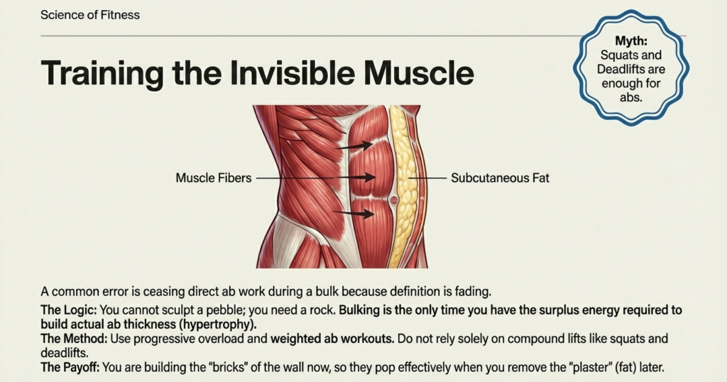 Anatomical illustration showing abdominal muscle fibers beneath subcutaneous fat and explaining why squats alone are not enough