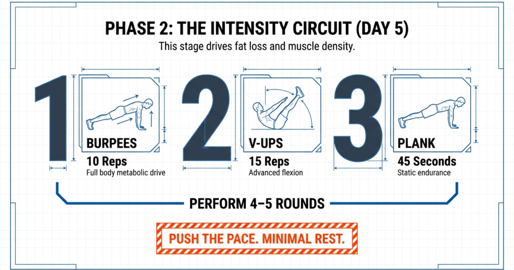 phase 2 abs intensity circuit burpees v ups plank workout
