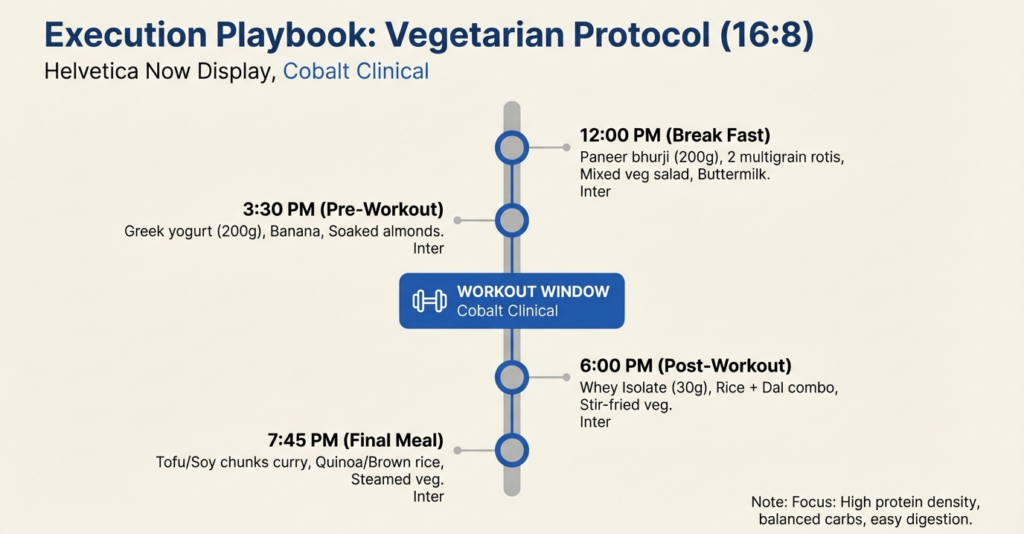 Vegetarian 16:8 intermittent fasting meal timing chart with pre-workout, post-workout, and high-protein meals