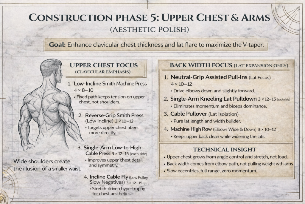 Greek God Physique upper chest and back width workout infographic focusing on clavicular chest development and lat width for a refined V-taper.
