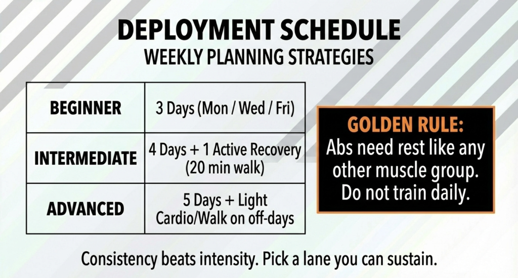 Beginner, intermediate, and advanced weekly workout schedule for cardio and abs fat loss training