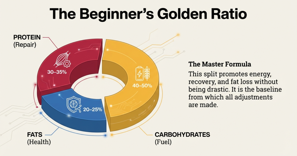 Beginner macro ratio showing protein 30–35 percent carbs 40–50 percent and fats 20–25 percent