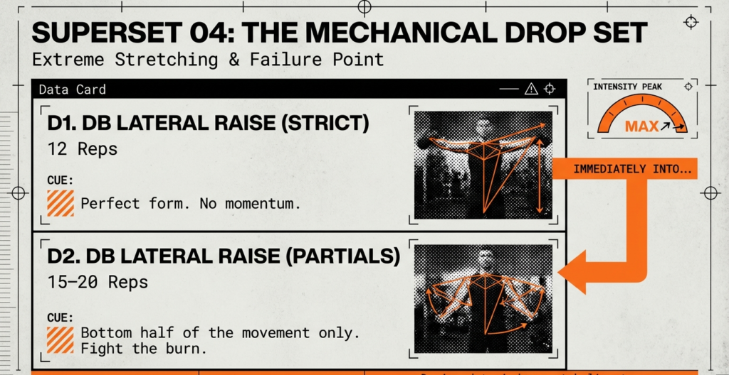 Mechanical drop set showing strict dumbbell lateral raises followed by partial reps to failure for maximum lateral delt activation