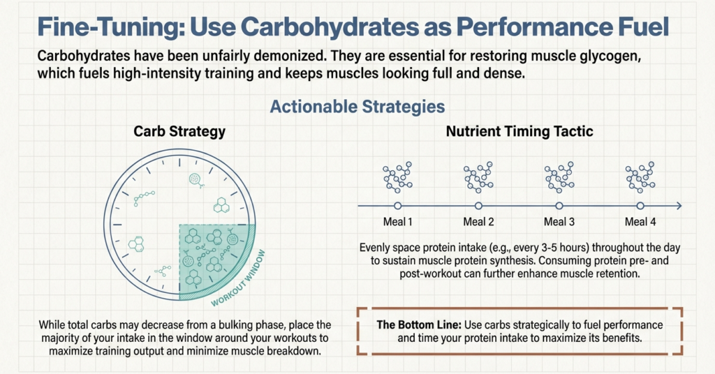 Illustration showing carbohydrate intake focused around workout windows for performance and fullness