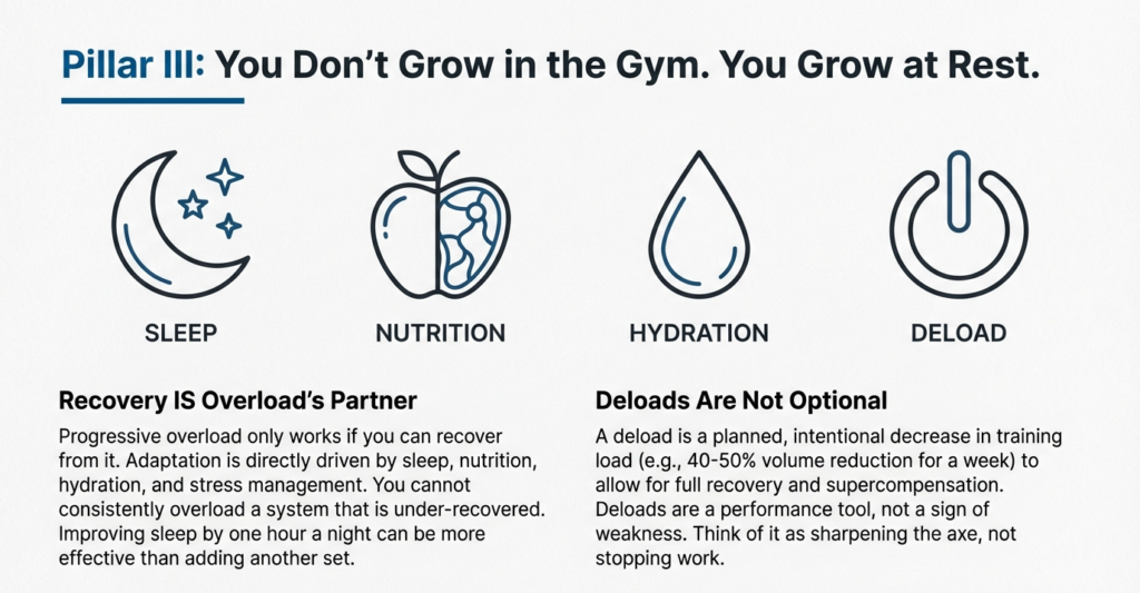Icons representing sleep, nutrition, hydration, and deloads as essential recovery components for muscle growth
