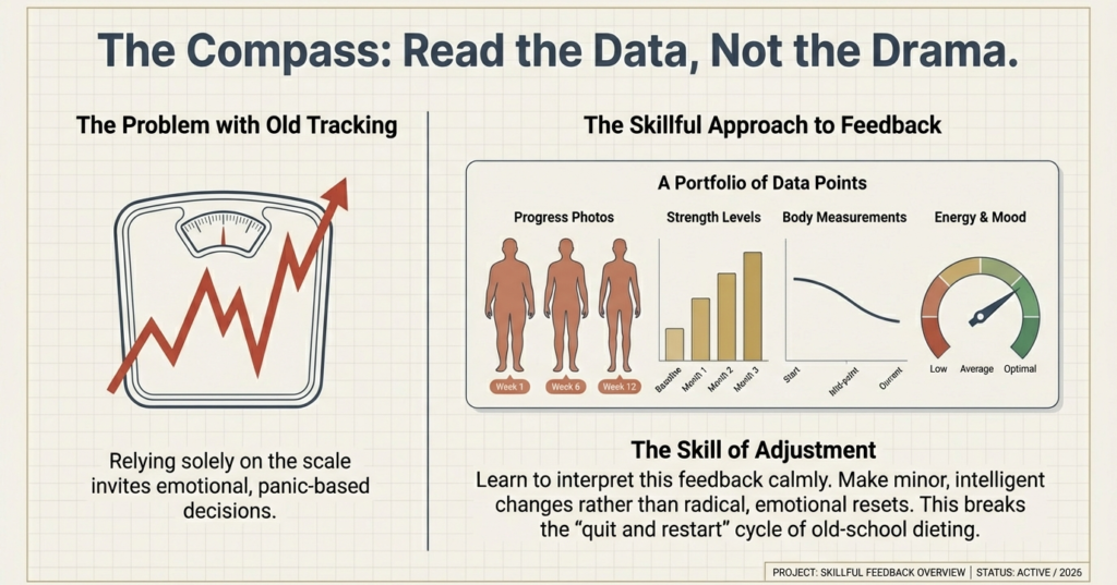 Infographic comparing emotional scale-based tracking with a skillful feedback system using progress photos, strength levels, body measurements, and energy markers.