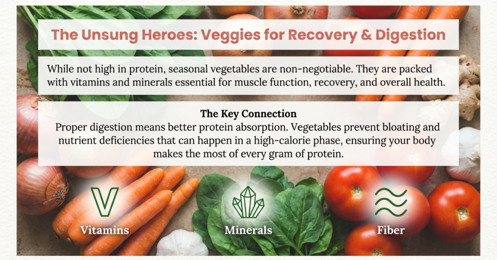 Fresh Indian vegetables like spinach, carrots, tomatoes, and onions for digestion and recovery