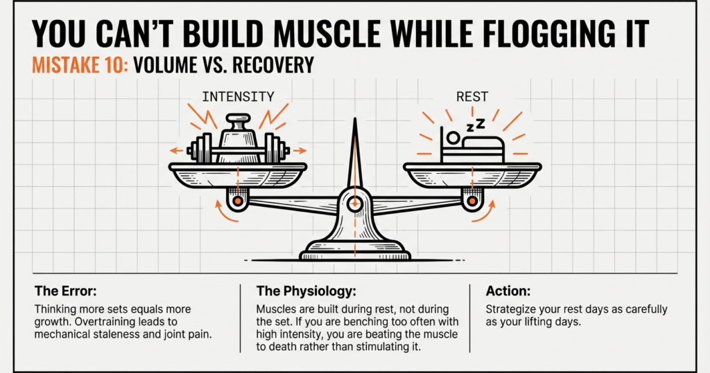 Scale illustration comparing training intensity and rest, explaining why excessive bench press volume limits muscle growth and recovery.