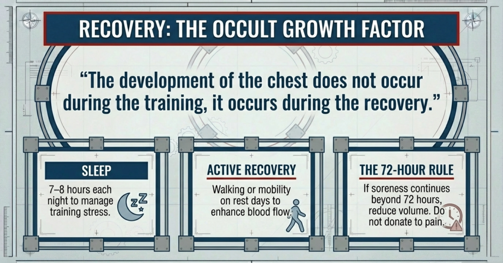 Recovery infographic explaining sleep, active recovery, and the 72-hour rule for optimal chest muscle growth.