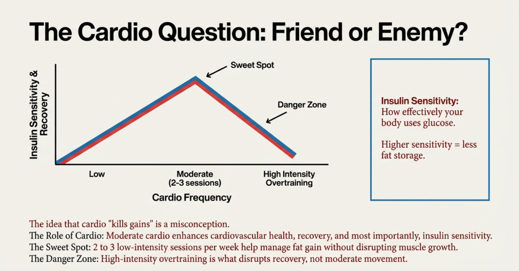 Graph showing the relationship between cardio frequency, insulin sensitivity, recovery, and overtraining risk