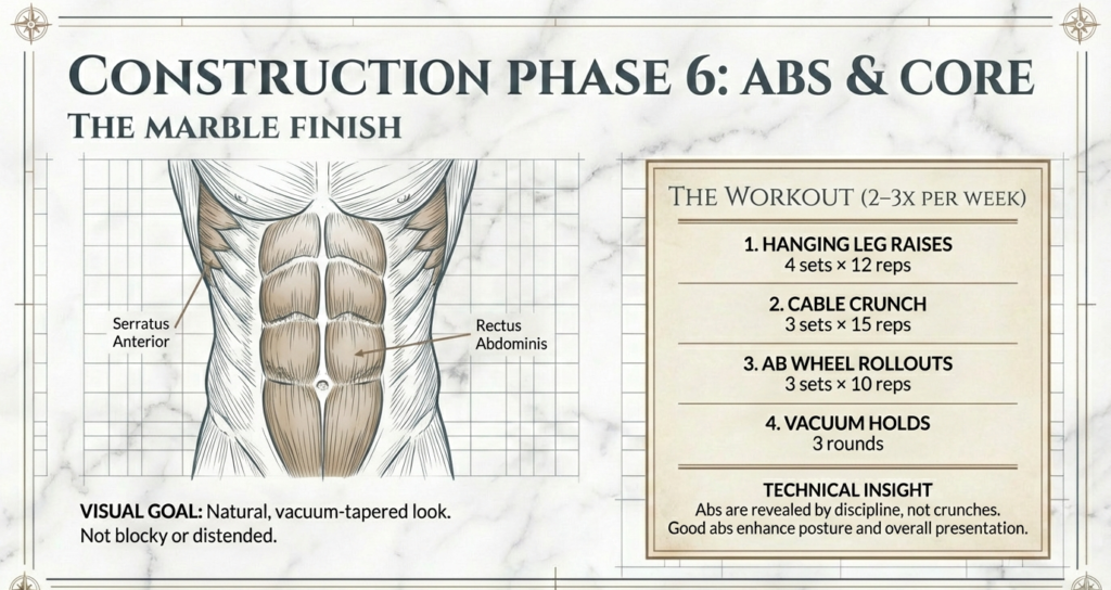 Ab and core workout diagram showing hanging leg raises, cable crunches, ab wheel rollouts, and vacuum holds for a tight, vacuum-tapered midsection.