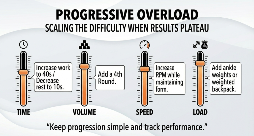 Progressive overload methods for home workouts including time, volume, speed, and load adjustments