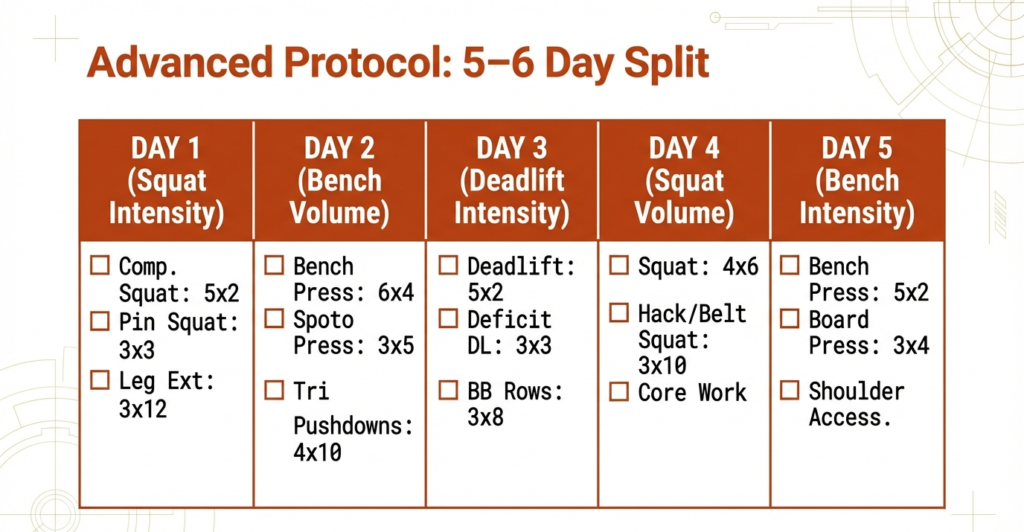 Advanced powerlifting workout split showing squat, bench press, and deadlift intensity and volume days across a 5 to 6 day weekly schedule.
