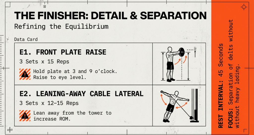 Advanced shoulder finisher workout showing front plate raises and leaning-away cable lateral raises for delt detail and separation without heavy loading