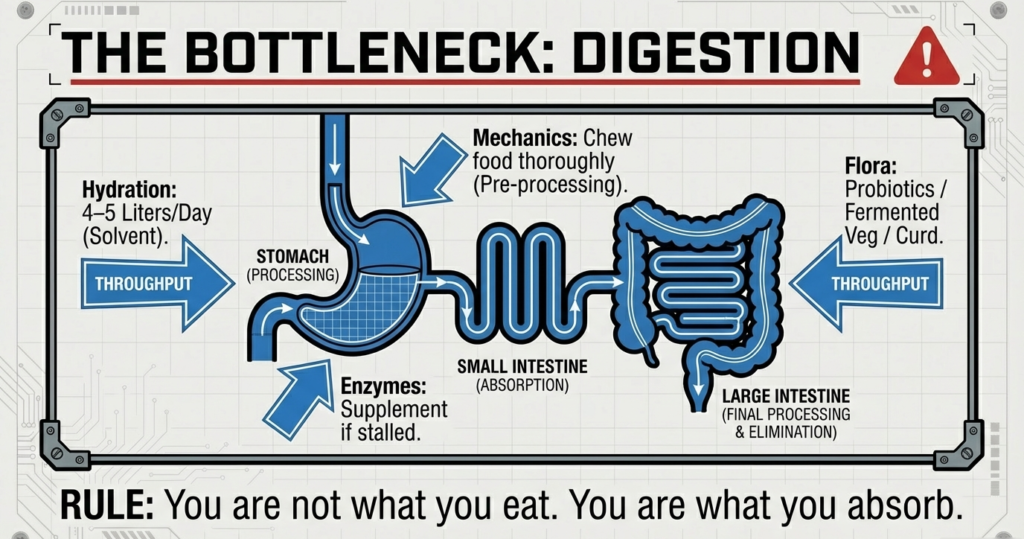 Infographic explaining digestion as the limiting factor in muscle gain, showing hydration, chewing, enzymes, gut flora, and nutrient absorption pathways