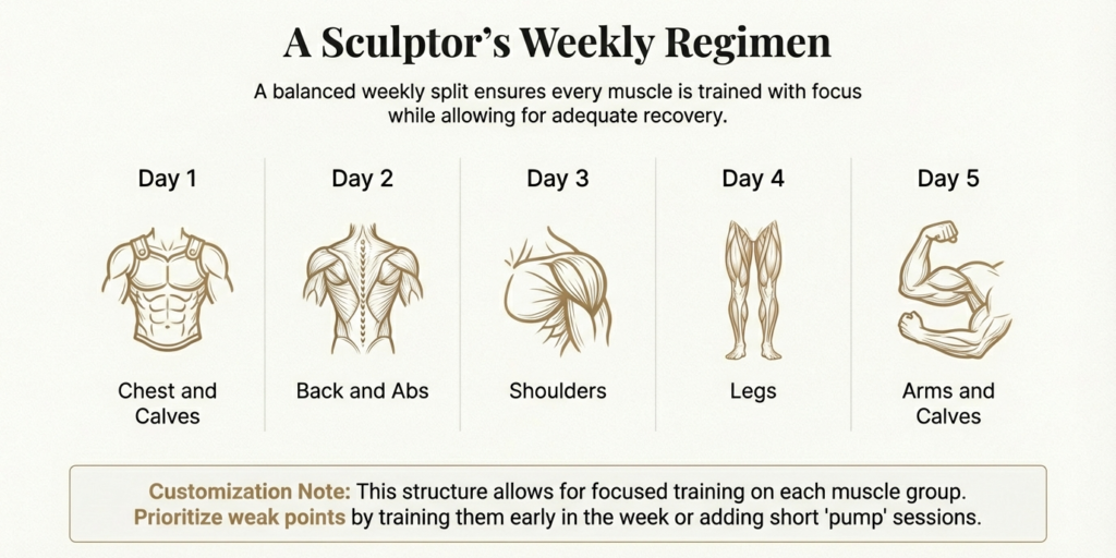 classic physique weekly training split for chest, back, shoulders, legs, and arms
