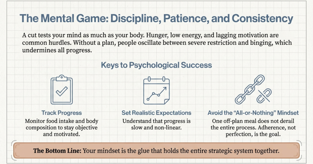 Infographic highlighting the psychological aspects of cutting, including discipline, progress tracking, realistic expectations, and consistency for long-term fat loss success