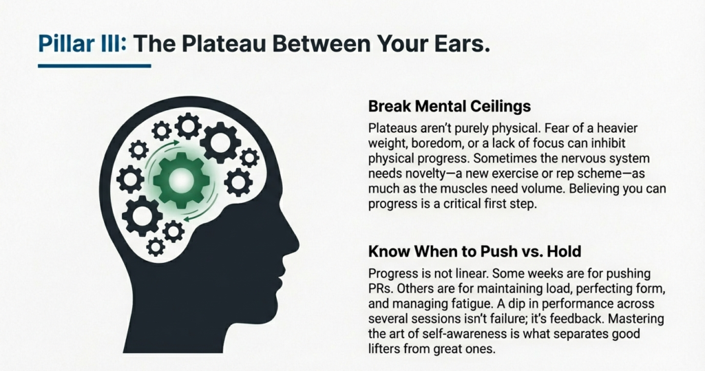 Head silhouette with gears symbolizing mental barriers, self-awareness, and decision-making in strength training