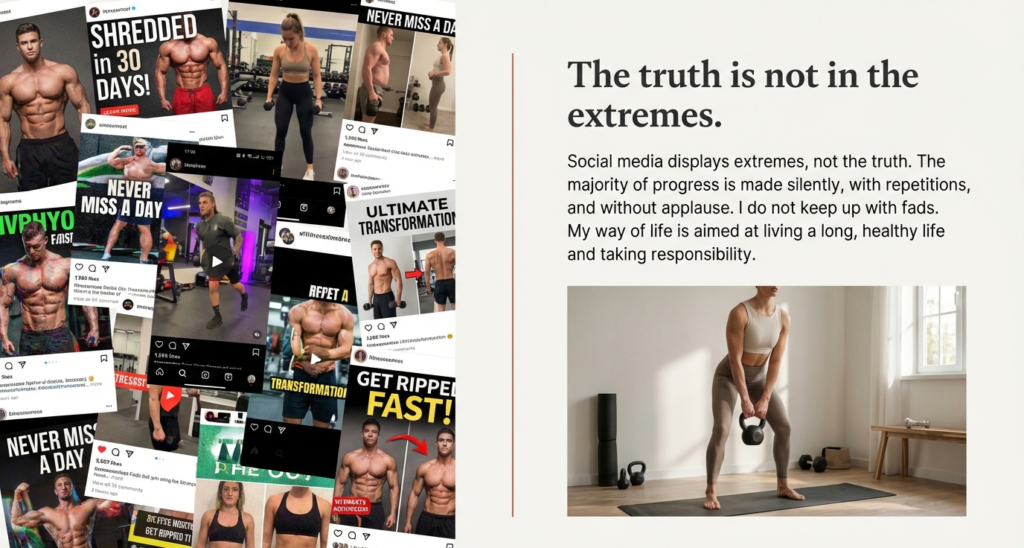 Split image showing exaggerated fitness transformation posts on social media contrasted with a calm, realistic home workout, highlighting sustainable fitness over extreme trends.