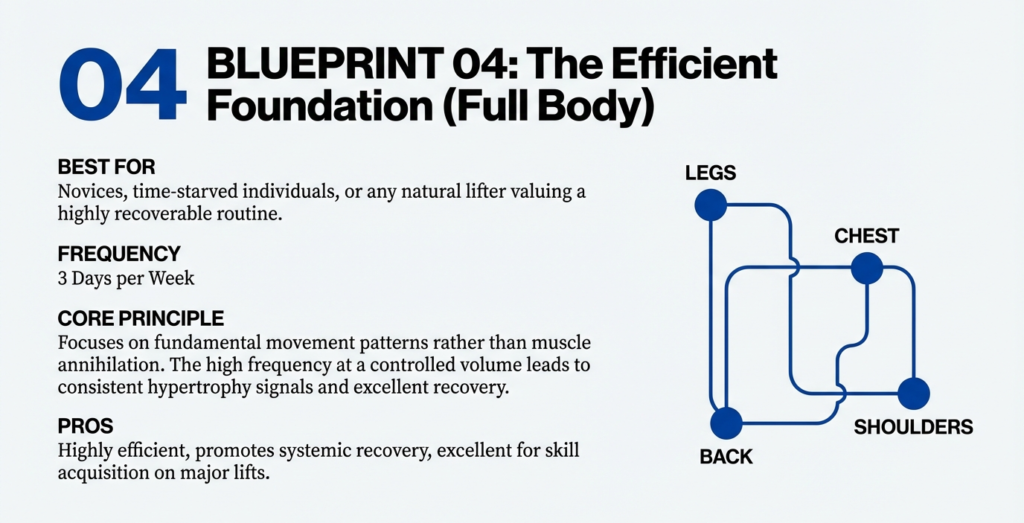 Full body training blueprint explaining best use case, frequency, principles, and benefits for hypertrophy