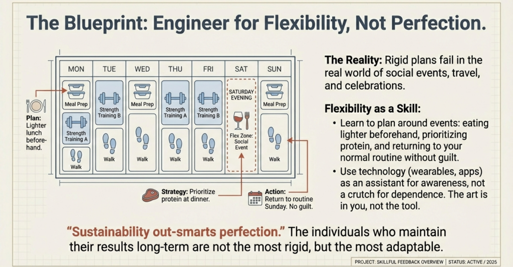 Weekly fitness and nutrition plan infographic showing flexible scheduling, social events, strength training, walking, and guilt-free routine adjustment.