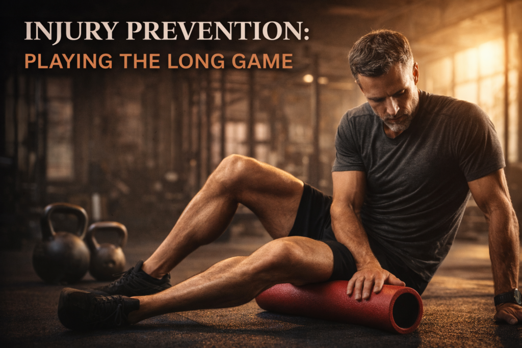 Man performing foam rolling in the gym to support injury prevention, recovery, and long-term strength training after 30