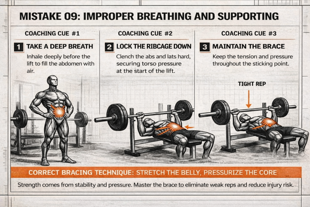 Bench press breathing and bracing infographic showing three coaching cues: deep inhale before the rep, maintaining intra-abdominal pressure, and holding tension through the sticking point for stability and strength.