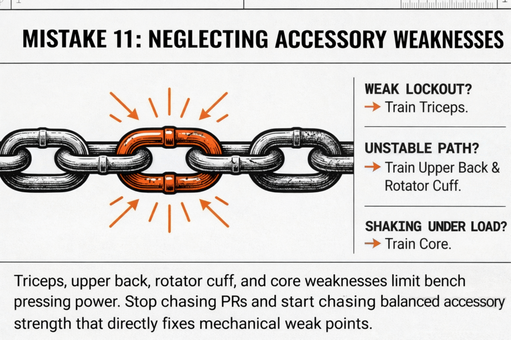 Bench press accessory training infographic showing a weak chain link, explaining how triceps, upper back, rotator cuff, and core weaknesses limit bench press strength.