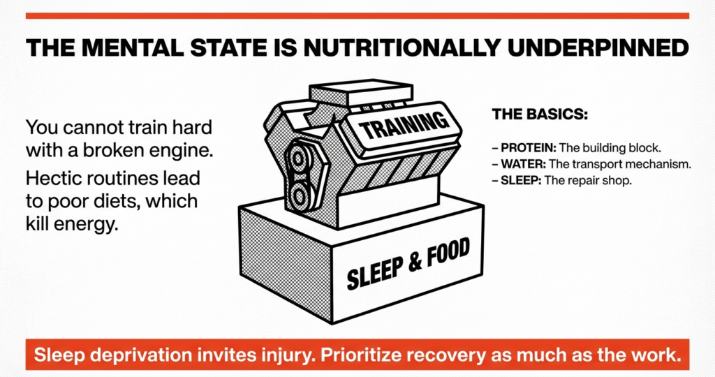 Fitness infographic explaining how nutrition, hydration, and sleep support mental focus, recovery, and effective training performance.