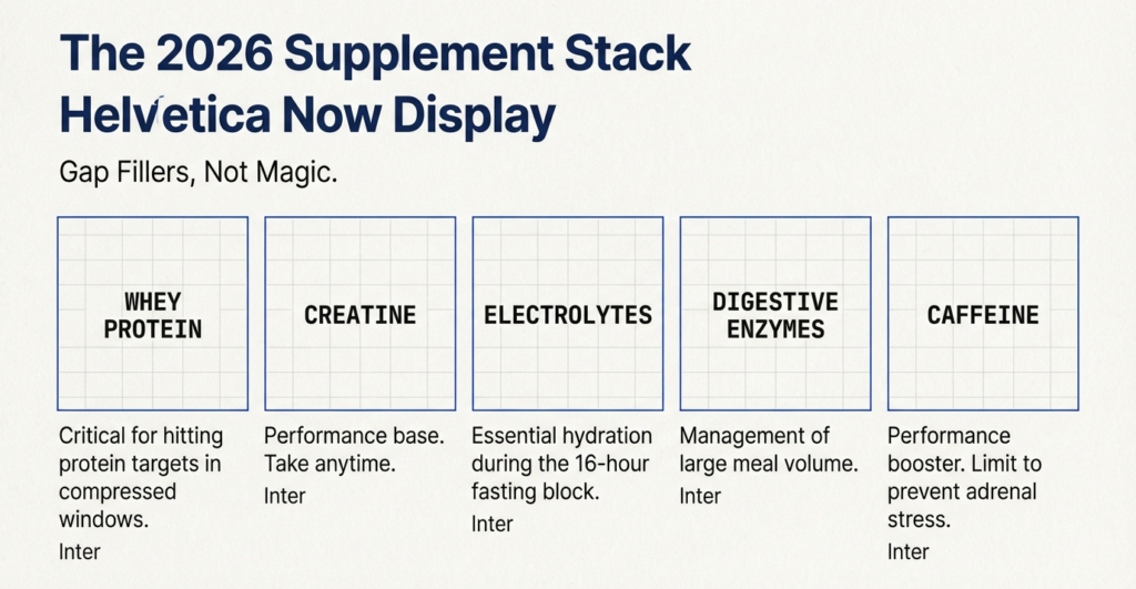 Supplement stack for intermittent fasting including whey protein, creatine, electrolytes, digestive enzymes, and caffeine