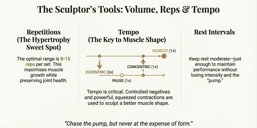 hypertrophy training diagram showing reps, tempo control, and rest intervals