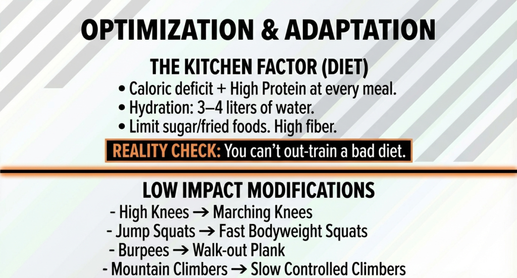 Diet guidelines and low-impact exercise modifications for cardio and abs workouts at home