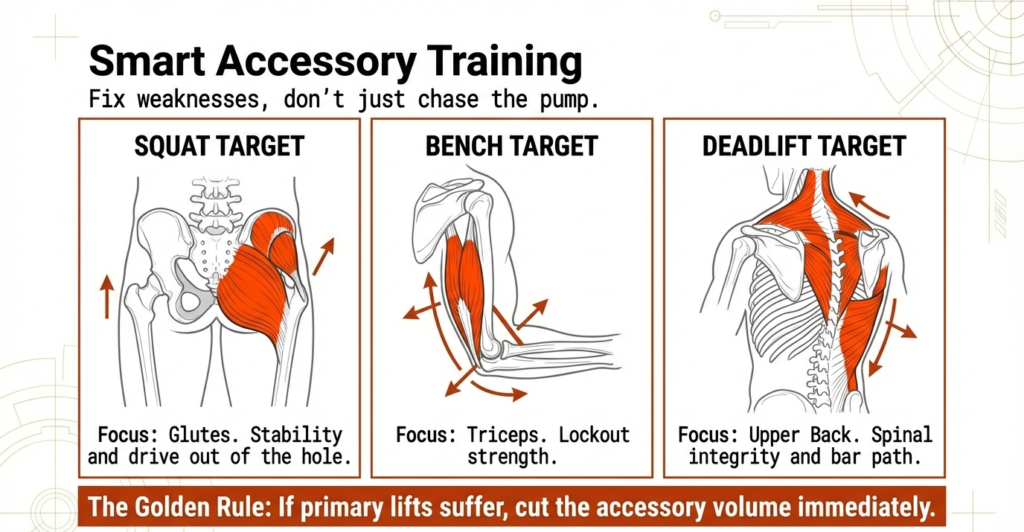 Accessory training diagram highlighting squat, bench press, and deadlift muscle targets including glutes, triceps, and upper back.