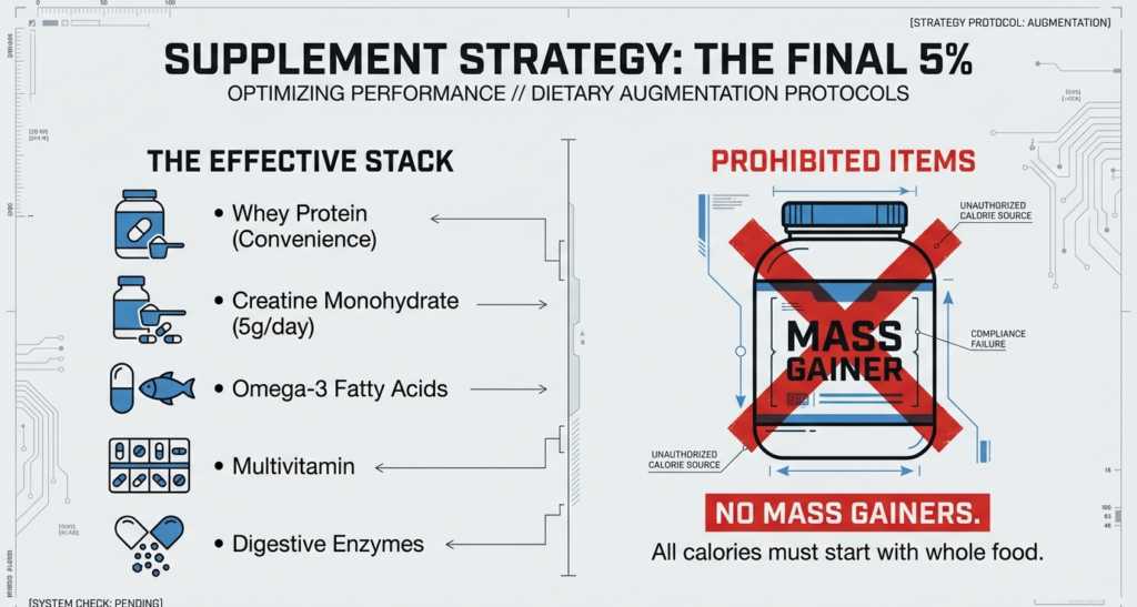 Infographic outlining an effective supplement stack including whey protein, creatine, omega-3s, multivitamins, and digestive enzymes, with mass gainers prohibited