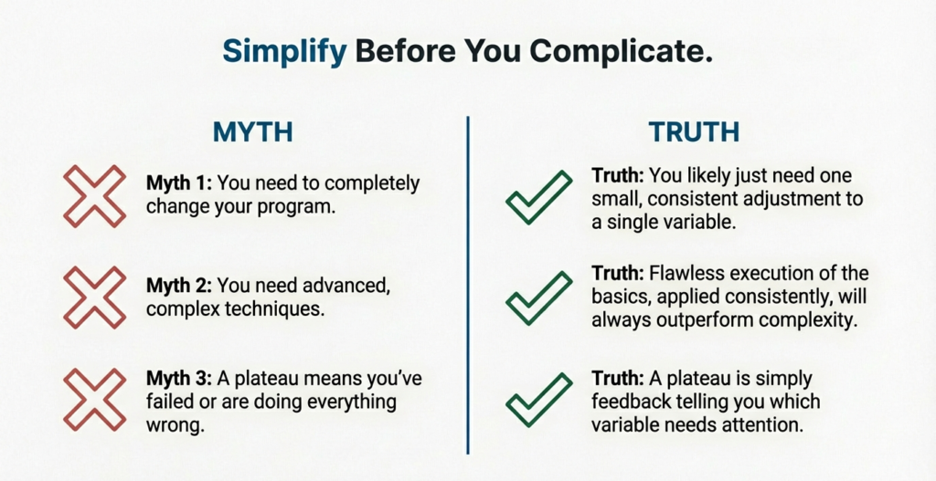 Myth versus truth comparison graphic showing common training misconceptions and simple corrective principles
